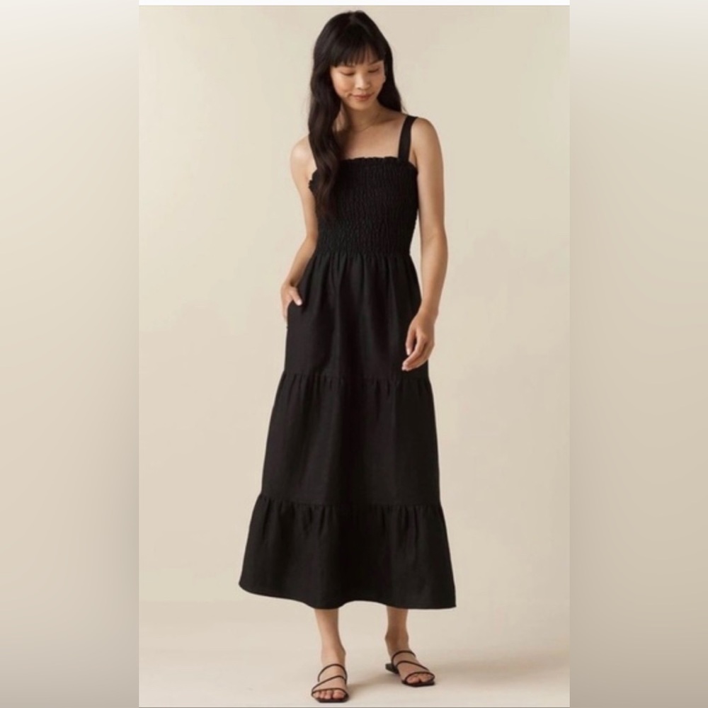 Black Bandeau Ruched Top Tank Flowy Maxi Dress LOFT XS Petite Spring Resort wear